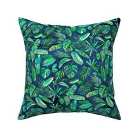 Emerald Tropical Leaf Scatter on textured Navy Blue - small
