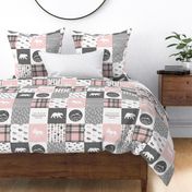 Pink and Grey - Let's Sleep under the stars / I love you to the mountains and back - Patchwork woodland quilt top C19BS