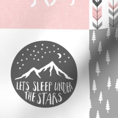 Pink and Grey - Let's Sleep under the stars / I love you to the mountains and back - Patchwork woodland quilt top C19BS