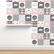 Pink and Grey - Let's Sleep under the stars / I love you to the mountains and back - Patchwork woodland quilt top C19BS