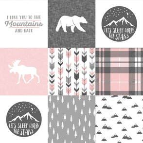 Pink and Grey - Let's Sleep under the stars / I love you to the mountains and back - Patchwork woodland quilt top C19BS