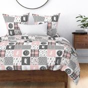 Pink and Grey - Let's Sleep under the stars / I love you to the mountains and back - Patchwork woodland quilt top (90) - C19BS