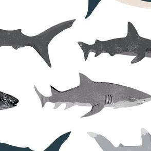EXTRA LARGE - shark // sharks nautical boys white background kids ocean sea tiger shark hammerhead shark fabric