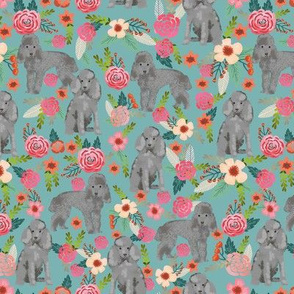 toy poodle florals fabric - grey poodle fabric, grey toy poodle design - blue