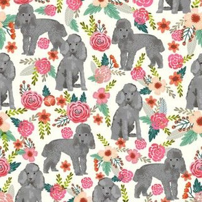 toy poodle florals fabric - grey poodle fabric, grey toy poodle design - cream