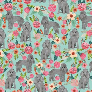 toy poodle florals fabric - grey poodle fabric, grey toy poodle design - mint