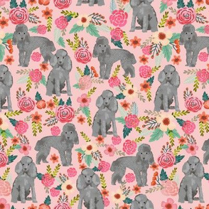 toy poodle florals fabric - grey poodle fabric, grey toy poodle design - pink