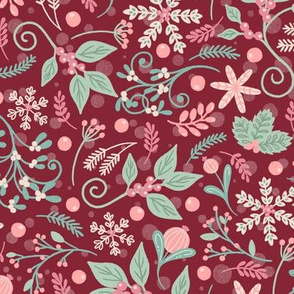 Whimsical Winter Flora on Red