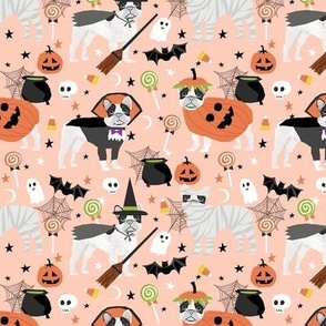 french bulldog halloween fabric, black and white frenchie, frenchie fabric, cute french bulldog fabric, frenchie halloween design - peach