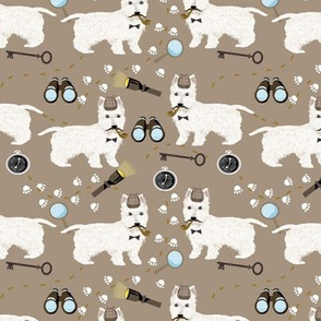 westie detective dog fabric - sherlock fabric, west highland terrier dog fabric, dog costume fabric - dog halloween - taupe/brown