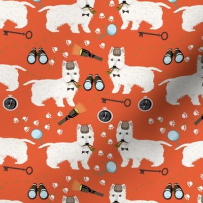 westie detective dog fabric - sherlock fabric, west highland terrier dog fabric, dog costume fabric - dog halloween -orange