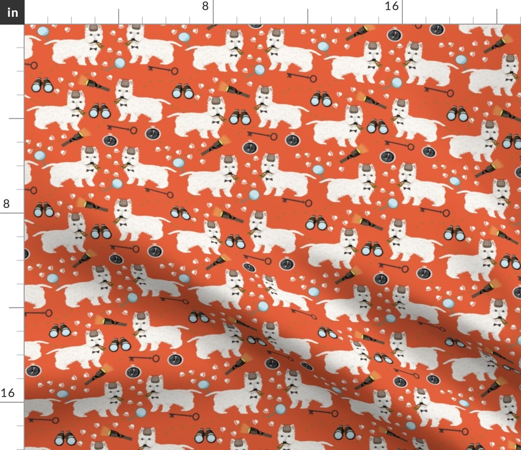 westie detective dog fabric - sherlock fabric, west highland terrier dog fabric, dog costume fabric - dog halloween -orange