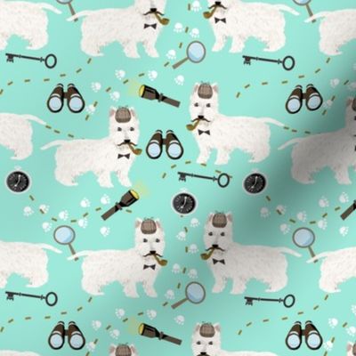 westie detective dog fabric - sherlock fabric, west highland terrier dog fabric, dog costume fabric - dog halloween - mint