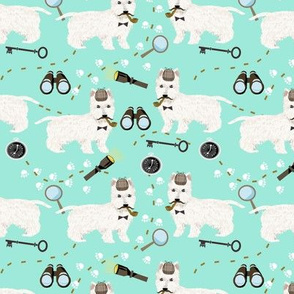 westie detective dog fabric - sherlock fabric, west highland terrier dog fabric, dog costume fabric - dog halloween - mint