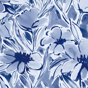 Painterly Floral dark blue indigo large scale