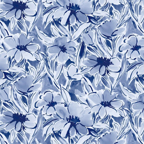 painterly watercolor floral dark blue indigo medium scale