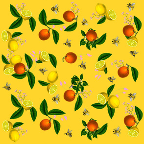 Summer,citrus,bright pattern.Oranges,lemons and bees decor