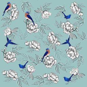 Bluebird,peonies pattern decor 