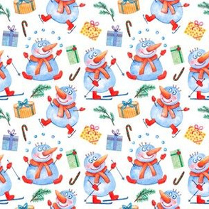 Christmas seamless pattern with snowman_ gifts_ candy watercolor illustration on white