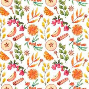 Colorful botanical  autumn watercolor seamless pattern with leaves_ spice_ orange_ apple_ berries on white