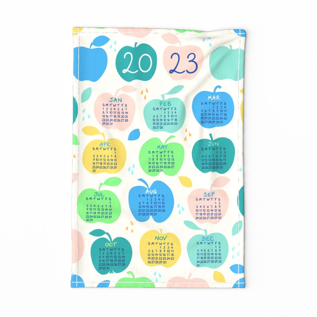 An apple a day 2023 FQ linen tea towel in blue by Pippa Shaw