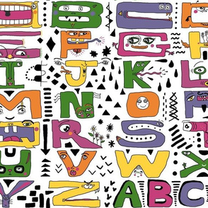 super silly abc alphabet letters, large scale, purple green yellow orange pink black white