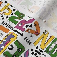 super silly abc alphabet letters, small scale, purple green yellow orange pink black white