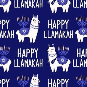 Llamakah fabric - happy hanukkah fabric, happy llamakah fabric - holiday fabric, -  dark blue