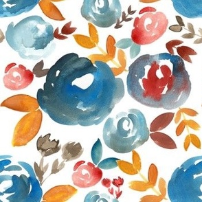 Fall Rust Blue and Gold watercolor floral - small 