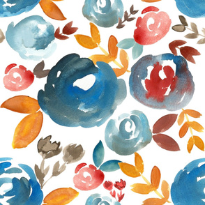 Fall Rust Blue and Gold watercolor floral - LARGE