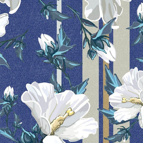 Large Rose of Sharon | Blue + Neutral w/Golden Stripe