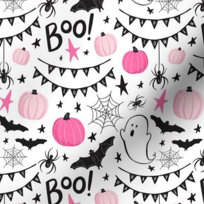 Cute Pink and Black Halloween Ghosts & Pumpkins