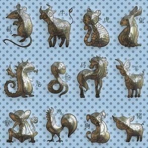 3D SMALL CHINESE ZODIAC ANIMALS ON PALE BLUE baby FLWRHT METALLIC EFFECT