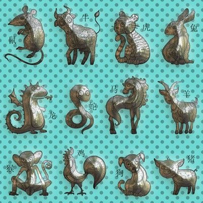 3D SMALL CHINESE ZODIAC ANIMALS ON AQUA turquoise FLWRHT METALLIC EFFECT