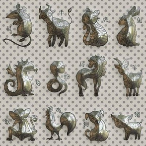 3D SMALL CHINESE ZODIAC ANIMALS ON TAUPE BEIGE FLWRHT METALLIC EFFECT