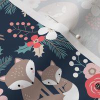 Small Scale / Cute Fox Family with Winter Flora / Dark Blue 