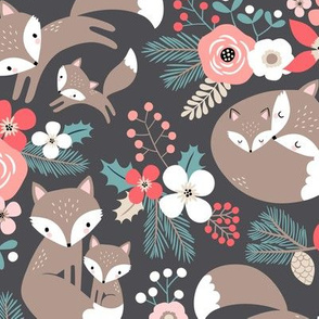 Cute Fox Family with Winter Flora / Dark Grey / Large Scale