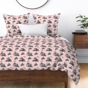 Evergreen toile with animals in pink and grey