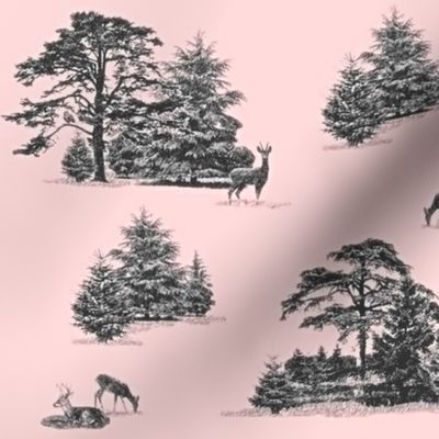 Evergreen toile with animals in pink and grey