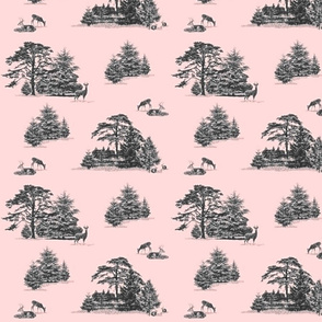 Evergreen toile with animals in pink and grey