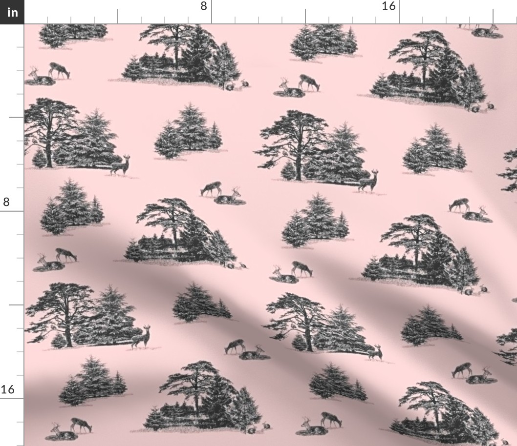 Evergreen toile with animals in pink and grey