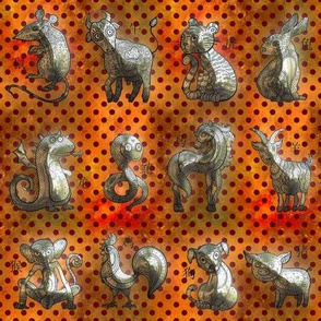 3D CHINESE ZODIAC CUTE  ANIMALS ON DOTTY FLAME ORANGE BROWN FLWRHT METALLIC EFFECT