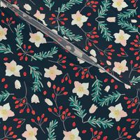 Hellebore Rosemary Rose Hips Winter Floral in Forest Green medium scale by Pippa Shaw