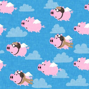 flying pigs - aviator caps and glasses - when pigs fly - cute pigs - bright blue - LAD19