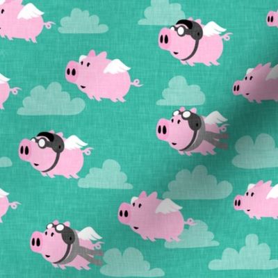 flying pigs - aviator caps and glasses - when pigs fly - cute pigs - teal with grey scarf - LAD19