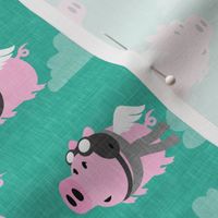 flying pigs - aviator caps and glasses - when pigs fly - cute pigs - teal with grey scarf - LAD19