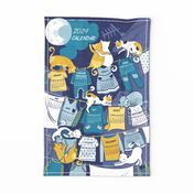 2024 Calendar kitten clothesline Tea Towel // blue and yellow