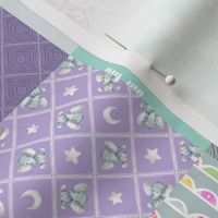 3" BLOCKS- Purple + Mint Elephant Quilt Fabric – Baby Girl Patchwork Cheater Quilt Blocks - AE, ROTATED