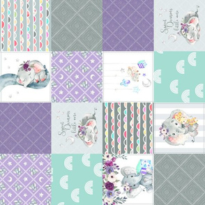 3" BLOCKS- Purple + Mint Elephant Quilt Fabric – Baby Girl Patchwork Cheater Quilt Blocks - AE, ROTATED