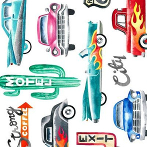 Watercolor Rockabilly Cars / White / Rotated